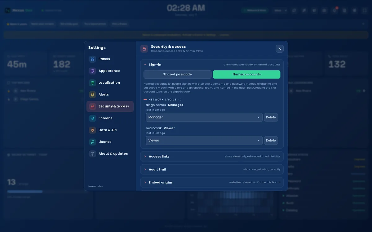 Settings → Security & access → Sign-in: the Shared passcode / Named accounts picker with Named accounts selected, and the accounts list grouped by team with each person's access level.