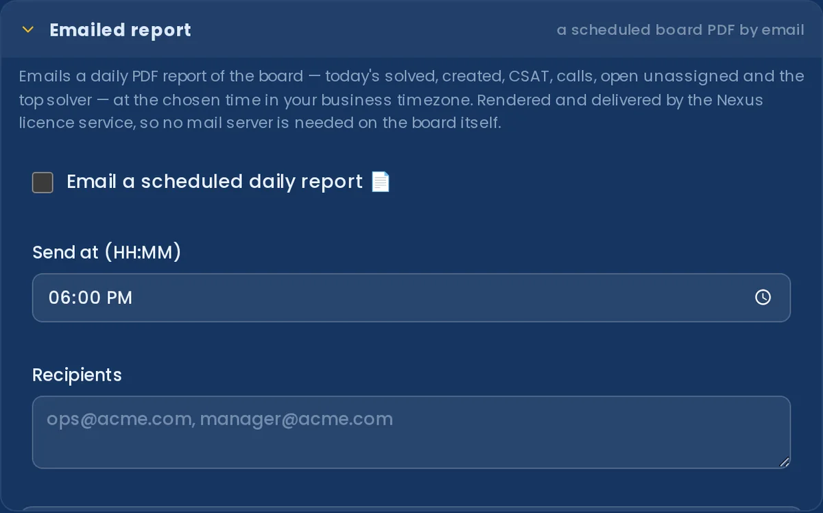 Settings → Alerts → Emailed report: an 'Email a scheduled daily report' toggle, a send-time field set to 06:00 PM, and a recipients box.