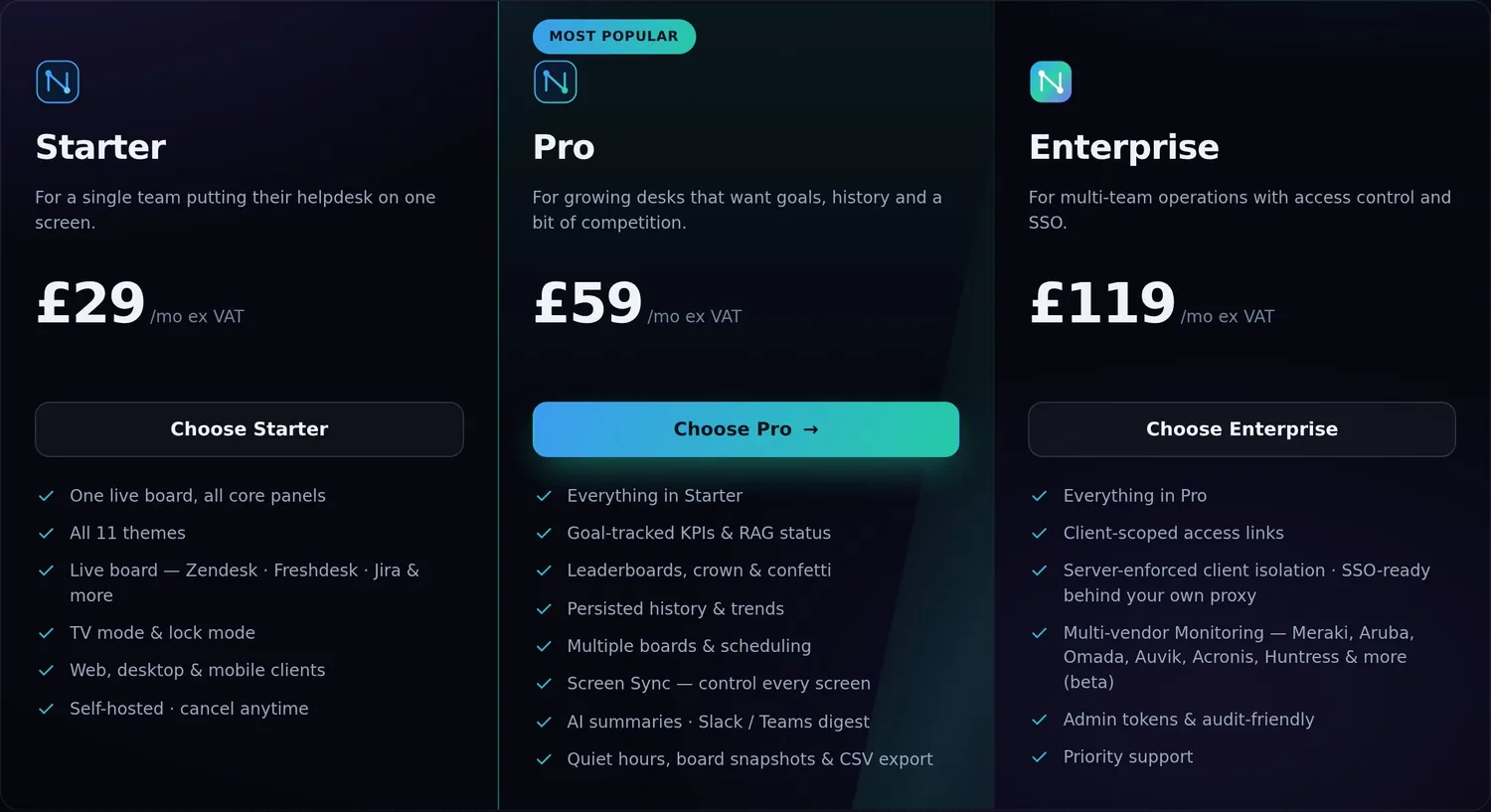 The three Nexus plans: Starter £29/mo, Pro £59/mo (most popular), Enterprise £119/mo, each with its feature list.