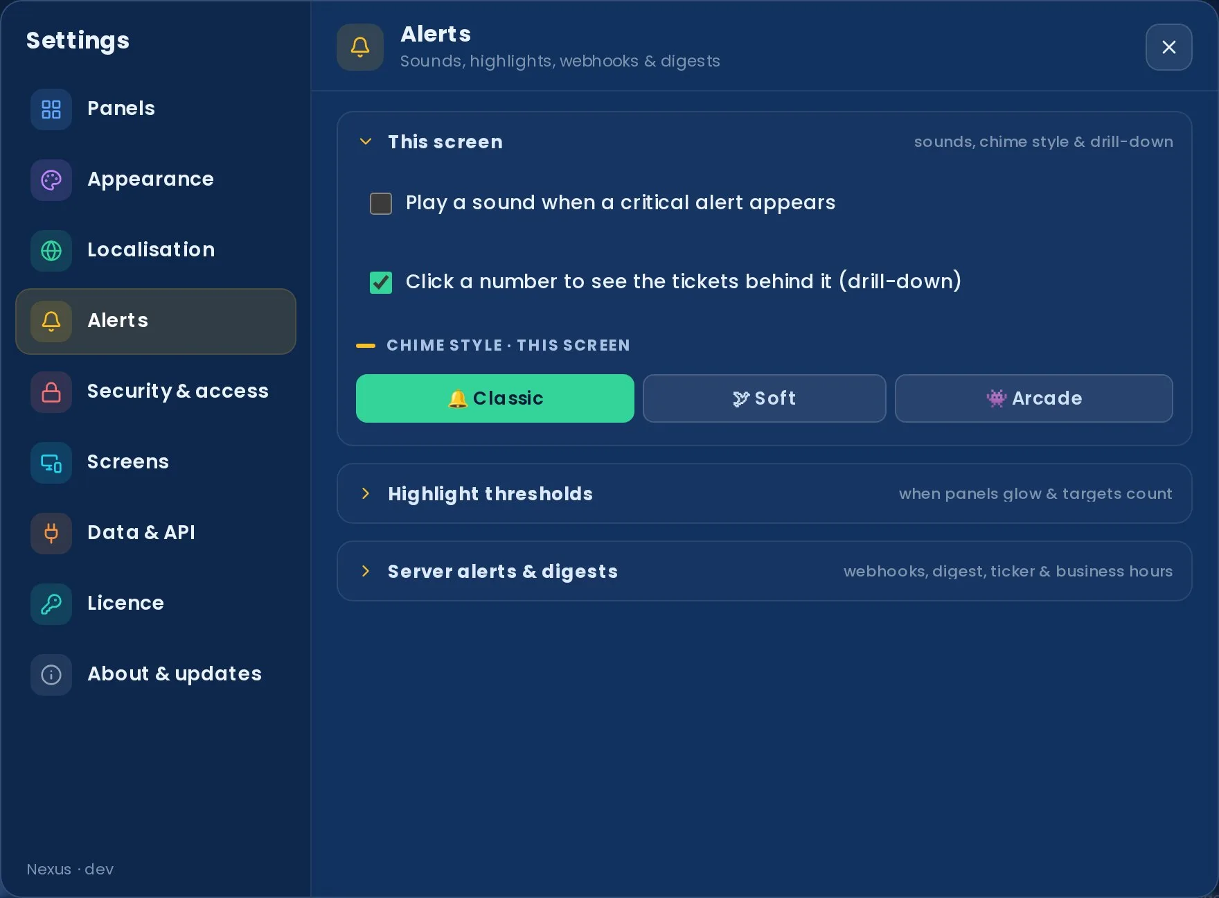 Settings → Alerts: per-screen sound and drill-down toggles, a chime-style picker (Classic, Soft, Arcade), and collapsible Highlight thresholds and Server alerts & digests sections.
