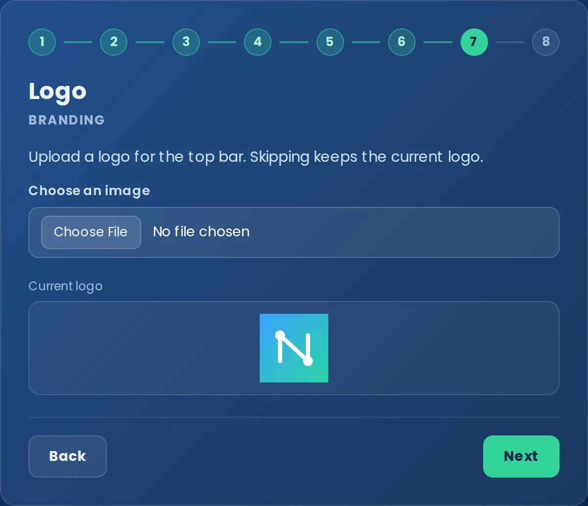 Setup wizard, step 7 of 8: Logo, a file picker with a current-logo preview.