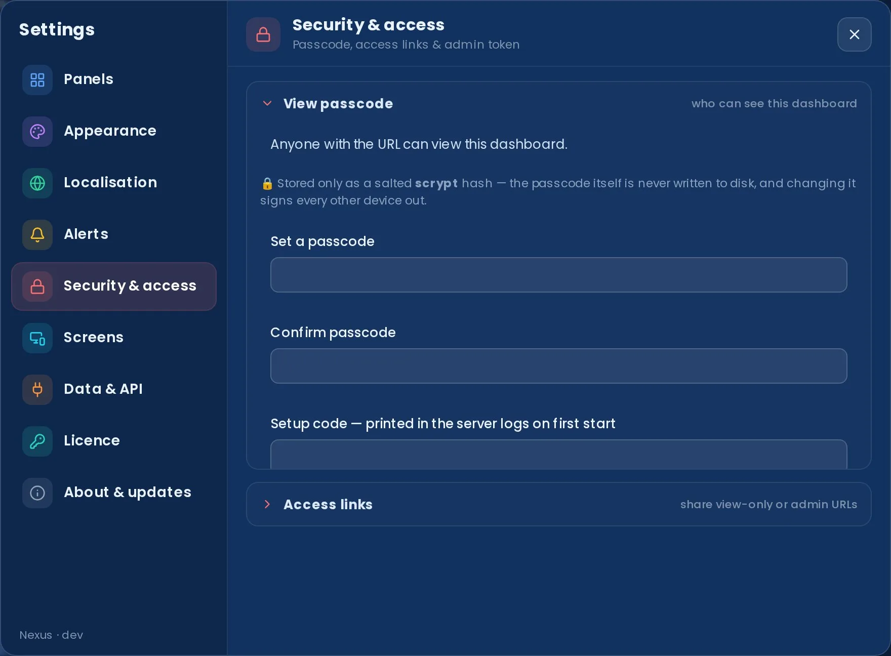 Settings → Security & access: the view-passcode field, a note that it's stored only as a salted scrypt hash, the one-time setup-code field, and the access-links section.
